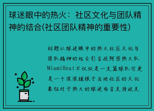 球迷眼中的热火：社区文化与团队精神的结合(社区团队精神的重要性)